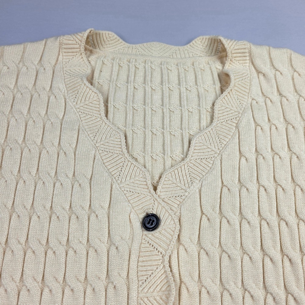 Cream Cable Knit Scalloped V-Neck Cardigan Sweater Large B8C745 - Picture 2 of 11